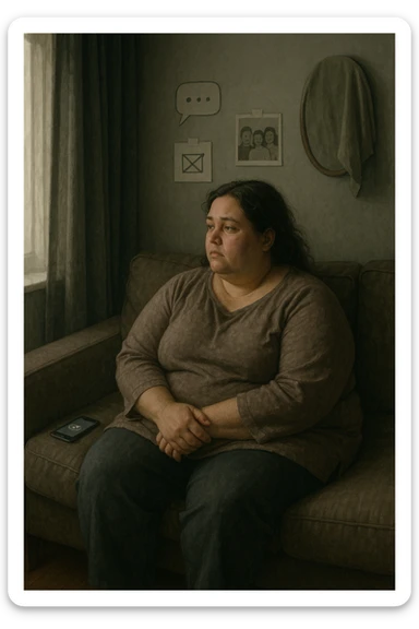 Donna tra i 30 e i 40 anni seduta sola su un divano, con espressione malinconica e corpo visibilmente appesantito. Indossa abiti larghi, avvolgenti, e guarda fuori dalla finestra mentre il telefono è spento o con notifiche ignorate accanto a lei. Sullo sfondo, si notano segnali di vita sociale assente: messaggi non letti, inviti ignorati, foto di gruppo a cui non partecipa. L’atmosfera è silenziosa, con luce grigia e ambiente spento. Intorno a lei, simboli di ritiro e insicurezza: tende chiuse, specchio coperto, postura chiusa. Stile realistico, tono delicato ed emotivo sticker