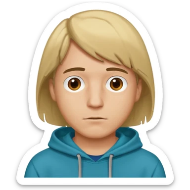 Dirty blonde guy with brown eyes dark aqua blue hoodie and hair with the shape of a bob cut sticker