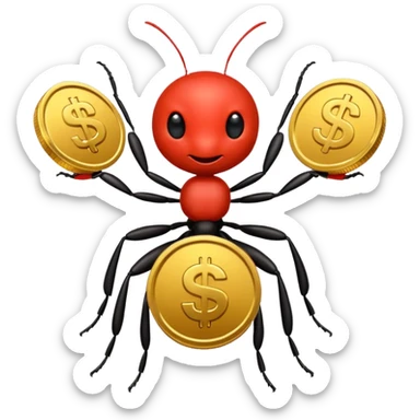 Red ant cartoon style with black shiny round with gold coins  sticker