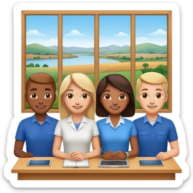 Employees of a startup company with a countryside view outside the window sticker