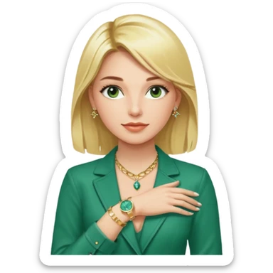 Breitling green faced watch on blonde girl wrist with gold necklace from a Tiffany and gold bracelets sticker