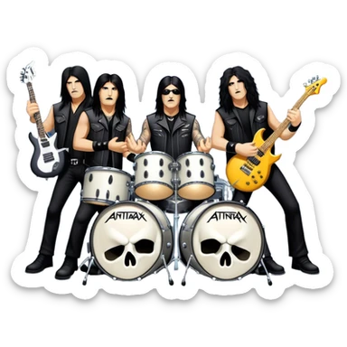 Icon for Heavy Metal: Anthrax live concert with Charlie Benante on drums, Joey Belladonna on vocals, Frank Bello on bass, Jonathan Donais and Scott Ian on guitars. The intense energy of the band is captured with instruments and stage lighting. Transparent background. sticker