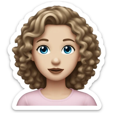 Girl with diamond blue eyes, pale skin, curly long length brown hair in a long sleeve black shirt and light pink plump lips, zoomed out to chest.  sticker