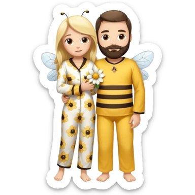 Grown up man with brown eyes, long dark brown long, white skin, medium beard, full body in cute bee pijama hugging a woman with blonde hair, white skin, dressed as a flower  sticker