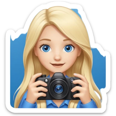  blue eyes blonde girl photographer cartoon taking picture in middle of taking picture camera in front of face long hair smiling funny flash professiona sticker