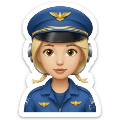 A female pilot with light skin and blonde hair under her cap sticker