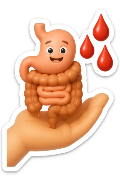 emoji stile iphone 3d di stomaco e intestino collegati verticalmente con 3 gocce di sangue 3d in mano, iperrealistiche 4k sticker