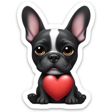Black french bulldog with a tiny white mark on chest. Holding a heart pillow  sticker