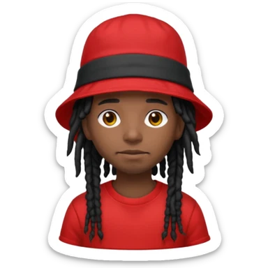 dark brown skin, black hair dreadlocks, wear red t-shirt, black bucket hat sticker