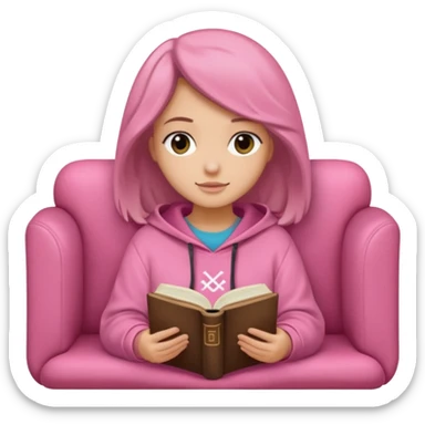 Una chica linda de cabello oscuro con ondas hasta los hombros de piel blanca con una sudadera rosa en un sofá cómodo y hermoso leyendo la biblia sticker
