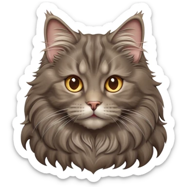 Cinematic Adorable Fluffy Grey-Brown Maine Coon Cat Portrait Emoji, Head tilted playfully and inquisitively, rich grey-brown fur with soft, flowing tufts, Simplified yet charming features, highly detailed, glowing with a warm, friendly glow, high shine, curious and affectionate, stylized with a touch of whimsy, bright and alert, soft glowing outline, capturing the essence of a mischievous yet loving kitten, so endearing it feels like it could pounce out of the screen with its fluffy tail swishing gracefully! sticker