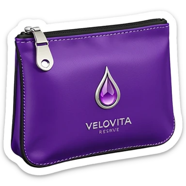 compact high-end purple supplement pouch with shiny silver highlights and simple droplet logo, VELOVITA RESERVE antioxidant product, contemporary premium look sticker