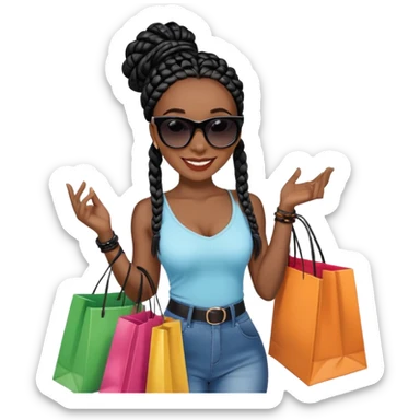 A dark-skinned Black woman with black box braids, holding shopping bags, wearing stylish sunglasses, smiling. sticker
