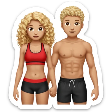 athletic man, high top fade, blonde curly hair only top only, no shirt and Athletic girl with long light red wavy long hair and black sports, Put them together kissing, or holding hands sticker