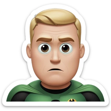 Mr incredible with a kinda worried straight face and he has no eyes and Mr incredible is a dark army color and the background is pitch black sticker