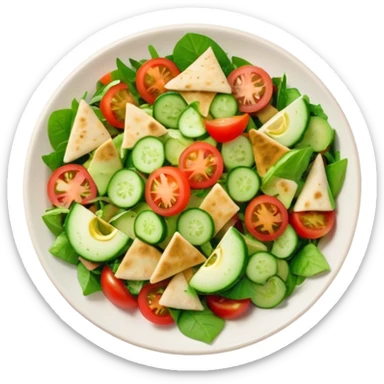 Cinematic Realistic Fattoush Salad Dish Emoji, depicted as a colorful medley of greens, tomatoes, cucumbers, and crispy pita rendered with vibrant textures and refreshing lighting. sticker