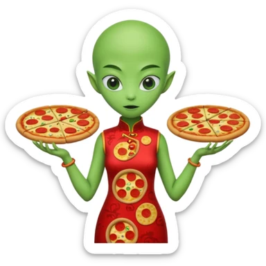 alien, wearing cheongsam, with pizza sticker
