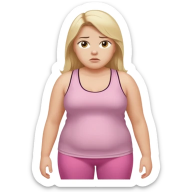 Create a young woman with long blonde hair, golden eyes, and medium-light skin tone, wearing a light pink tank top and leggings. but she is overweight  She should be in portrait mode, but with a subtle doubting facial expression—slightly raised eyebrow, small frown, sticker