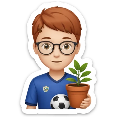 young boy wearing glasses, wearing soccer uniform, holding a plant pot sticker