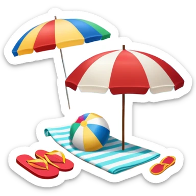 Icon for Beach Tourism: a sandy beach with a beach umbrella, with the ocean landscape in the background, flip-flops, a towel and a beach ball. The icon should capture the relaxation and fun of beach vacations. Transparent background. sticker