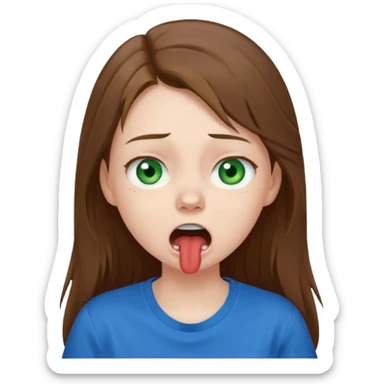 Cute girl with pale skin, long brown hair, green eyes and blue t shirt who is chocked sticker