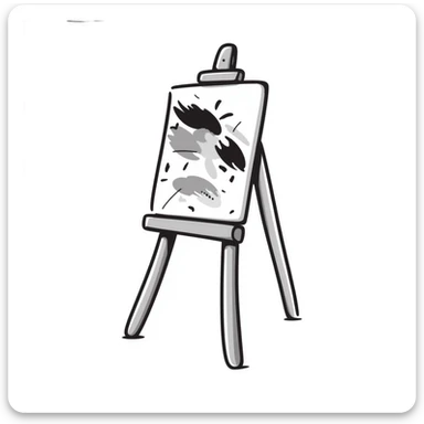 A wooden artist easel/painter's easel with a canvas in pastel colors (dd9fb0, ffc6d3, a3bfc9, c4bee2, f1b091), hand-drawn doodle style sticker