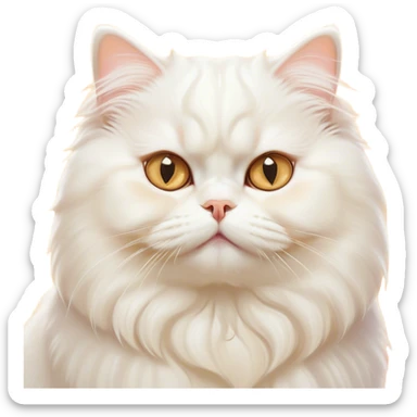 Cinematic Comical White Persian Cat Portrait Emoji, Head tilted playfully with a touch of sass, fluffy white fur with subtle hints of cream and golden tones, Simplified yet hilariously chubby features, highly detailed, glowing with a warm, friendly glow, high shine, a mix of lazy and curious, stylized with a touch of whimsy, bright and endearing with a comical expression, soft glowing outline, capturing the essence of a mischievous yet chubby, fluffy kitty, so endearing it feels like it could stretch out of the screen and demand attention with its cheeky charm! sticker