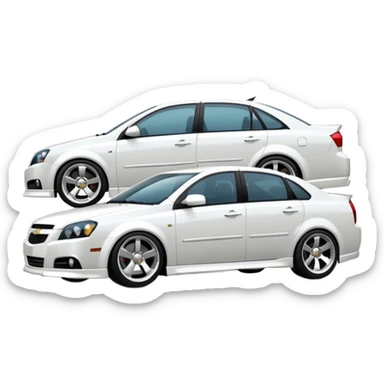 A cinematic, high-detail photograph of a glossy white Chevrolet Optra Magnum 2007 sedan with tinted windows and custom alloy rims sticker