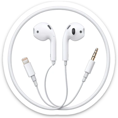Just white wired Apple EarPods coiled in a circle, no case whatsoever, only the earbuds with the cord wrapped into a neat circle, minimalist iOS style, showing the earbuds and wire only sticker