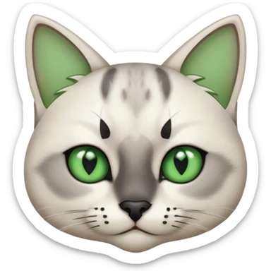 Haz una gata de ojos verdes la cara blanca con mancha negra en las orejas que agarra parte de la frente del lado der pero del iz va desde el ojo hasta la oreja la mancha, tiene la nariz negra en forma de corazón y todo lo que sobra de la cara, barbilla la nariz arriba y el lado de bigotes es blanca sticker