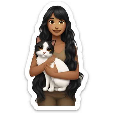 TAN SKIN GIRL with long black wavy hair and bangs HUGGING HER CALICO CAT  sticker