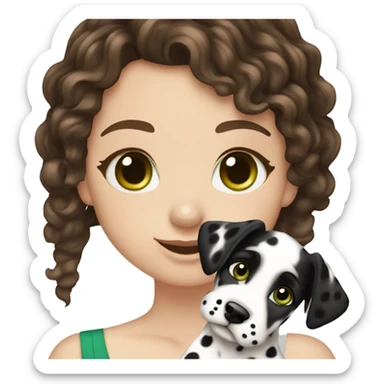 White girl with dark brown curly hair and green eyes is holding Dalmatian puppy sticker