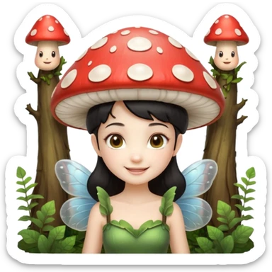 mushroom fairy portrait, head and shoulders only, wearing a large mushroom cap hat, tiny glowing wings visible behind shoulders, cute magical smile, forest fantasy vibe, 3D cartoon, mobile game icon style, clean background, no text, no watermark.balck hair sticker