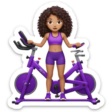 African American girl with long dark brown curly hair, purple workout set leaning on a indoor spin bike with NO HELMET,  sticker