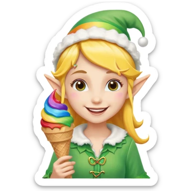 A cheerful elf girl with pointy ears holding a rainbow ice cream cone, smiling brightly.

 sticker