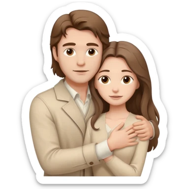 A white handsome man with brown hair in pale beige clothes supports and hugs a beautiful woman with long hair in pale beige clothes sticker