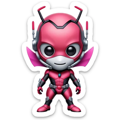 A cute and futuristic ant man mascot with JOKER style. His body is primarily in red-pink and light pink, with subtle dusk black details for contrast. sticker