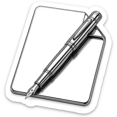 chrome style piece of paper with a metallic pen resting on it, highly reflective and polished sticker