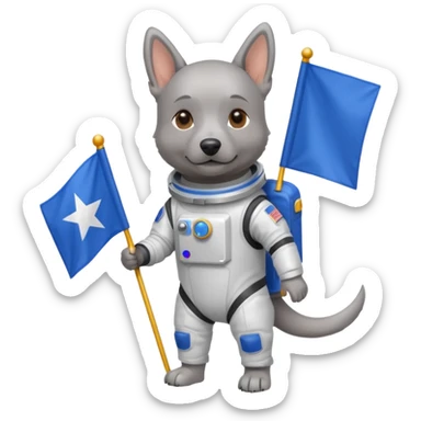 a gray dog in space suit, holding blue rectangle flag, full body, front view sticker