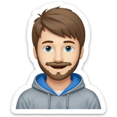 20 year old man, short scruffy beard and thin moustache, brown puffy mullet, blue eyes, big smile, white teeth, big lips, pronounced jaw, hair longer in back, sticking up on top, thin face, grey hooded sweatshirt, blue eyes sticker