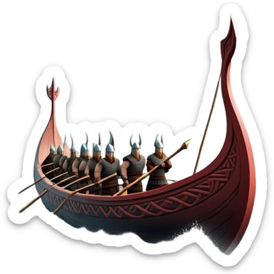 detailed-cinematic-viking-longboat, rendered in a flat, bold vector style with minimal shading, featuring a striking dragon-headed prow slicing through waters. shields on the side and vikings rowing The longboat’s, the boat has carved motifs evoke a sense of epic adventure and Nordic might, with billowing sails catching a dramatic, stormy sky backdrop. sticker