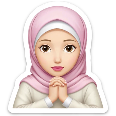 white hijab women are listening with her hands folded on the table. her lips is pink. sticker