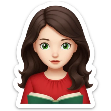 Long wavy dark brown haired, white skinned, dark green eyed girl in red blouse reading a book sticker