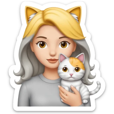 Haz una imagen estilo emoji de iPhone con una chica blanca de cabello ondulado claro tomando en brazos a su gato gris con blanco sticker