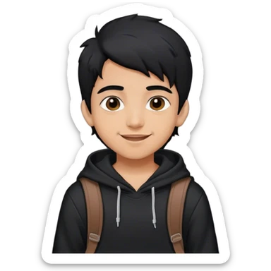Cheerful white Indian teenager boy with black hair . He's wearing a black hoodie and bag on back sticker