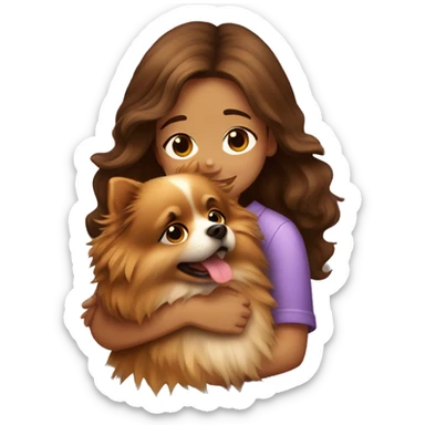 brown wavy haired girl hugging Pomeranian dog  sticker
