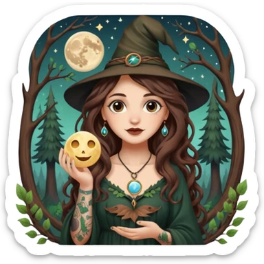 cute forest witch woman long wavy brown hair tattoos holding tiny moon sticker
