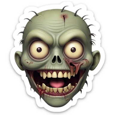 Cinematic Comical Zombie Portrait Emoji, with a grotesquely exaggerated yet playful decaying face in muted ashen tones, head cocked in a dramatically shocked expression with wildly comical, googly eyes and a gaping, silly grin revealing quirky stitches, simplified yet hilariously expressive, highly detailed with a soft eerie glowing outline capturing the absurd humor of a zombie in comic disbelief! sticker
