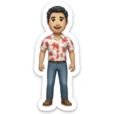 white man with dark hairs with a flower shirt and a red pant sticker