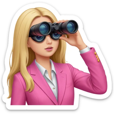 woman with long hair in an intensive color pink suit looking through binoculars, front view, upper body sticker